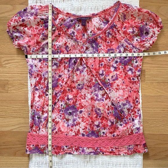 pink purple floral print cap short sleeve blouse with tassels - Picture 15 of 16